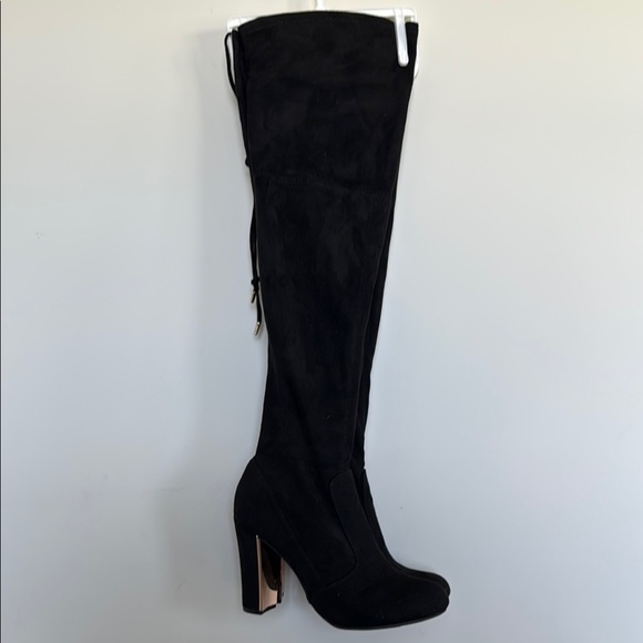 Material Girl Black Over the Knee Boots with Block Heel - Picture 1 of 8
